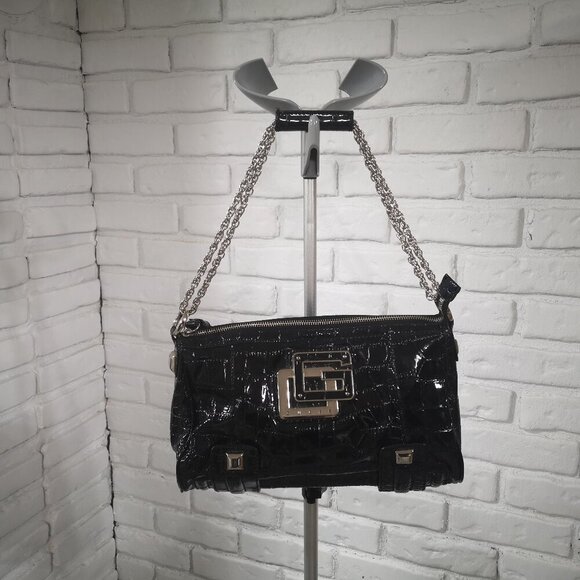 Guess Ladies Black Faux Leather Zipper Closure Chain Straps Hand/Shoulder Bag - Picture 1 of 10